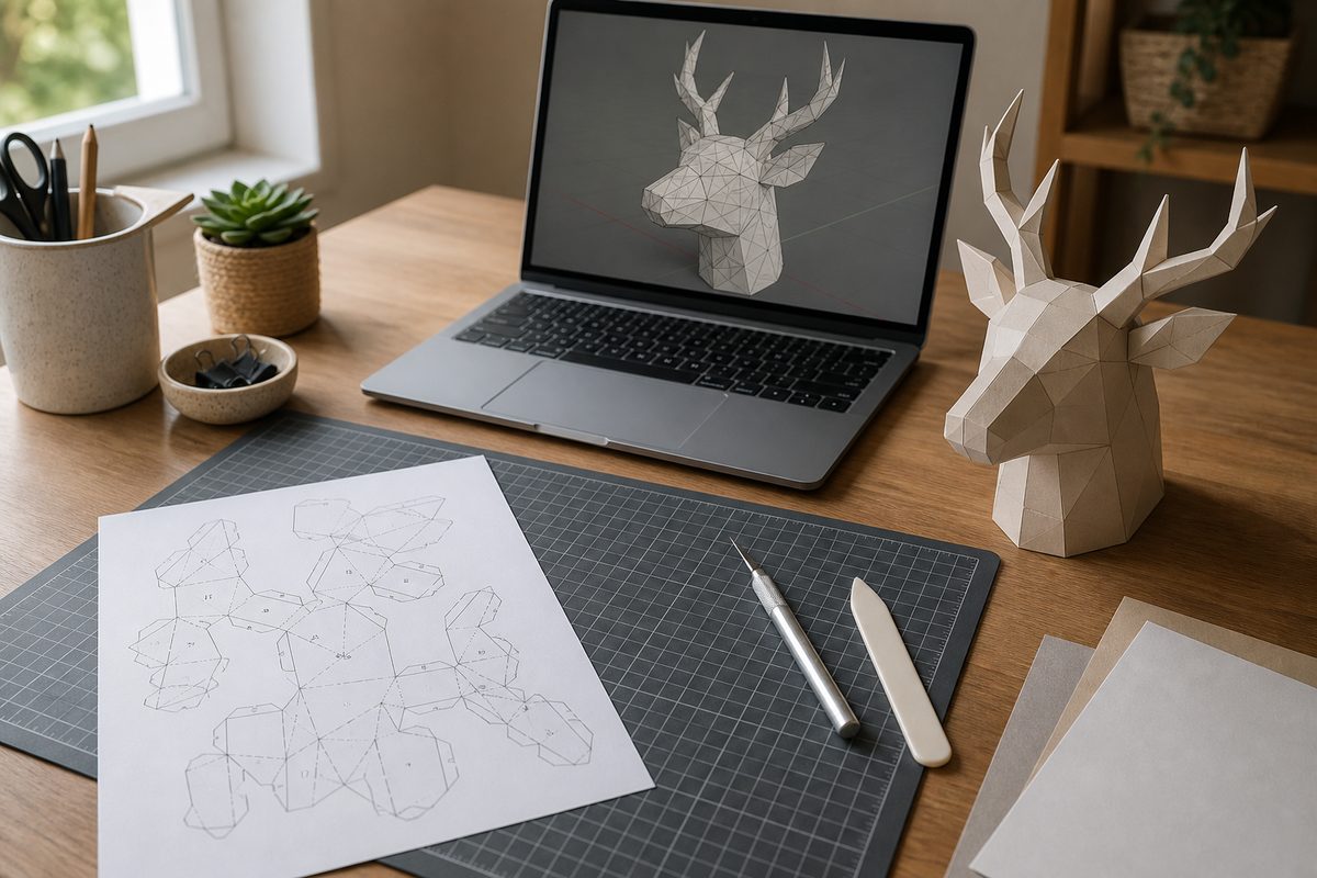 Logiciel de modelisation 3D, patron papercraft imprime et modele en papier termine sur un bureau