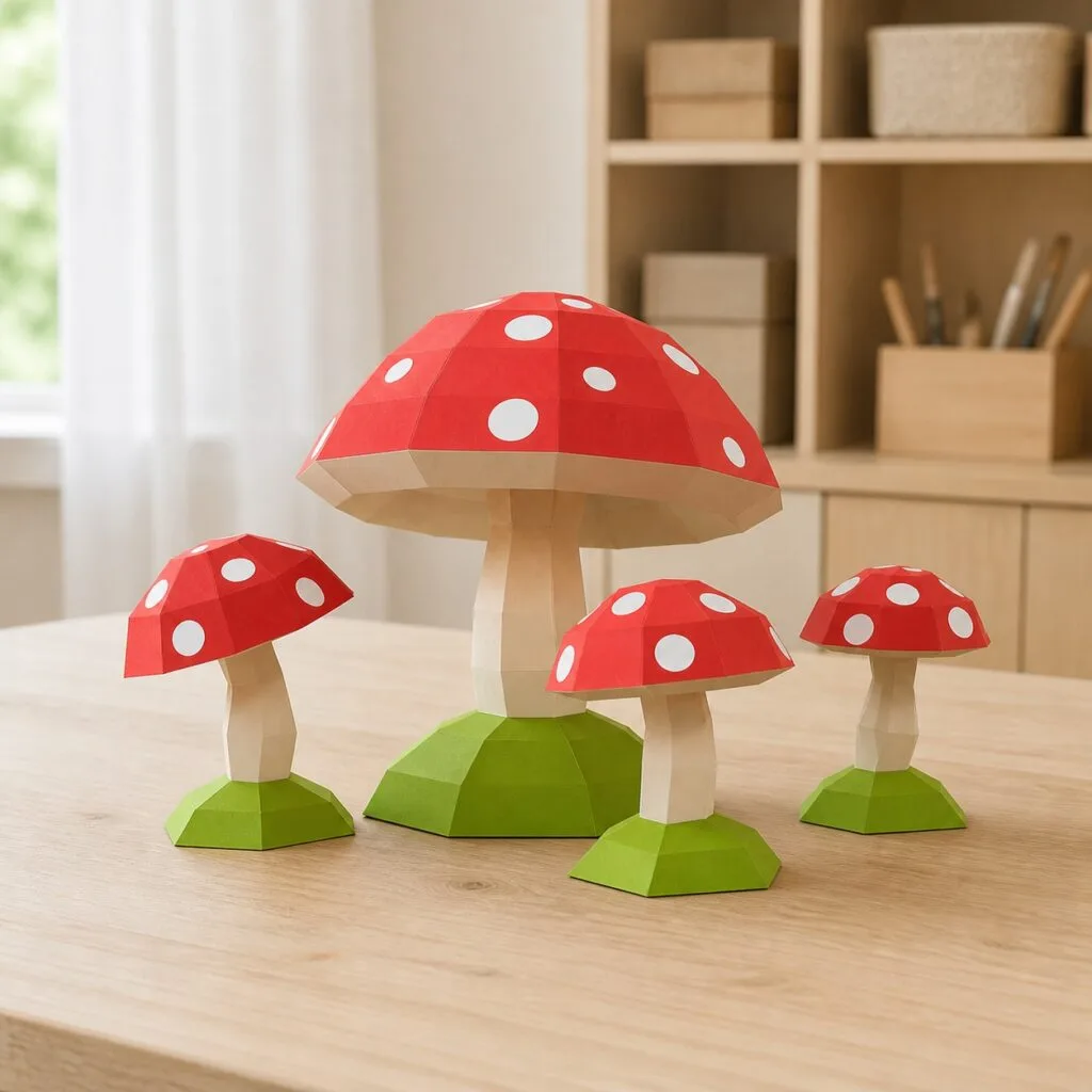 Set of Four Red Mushrooms 3D Papercraft