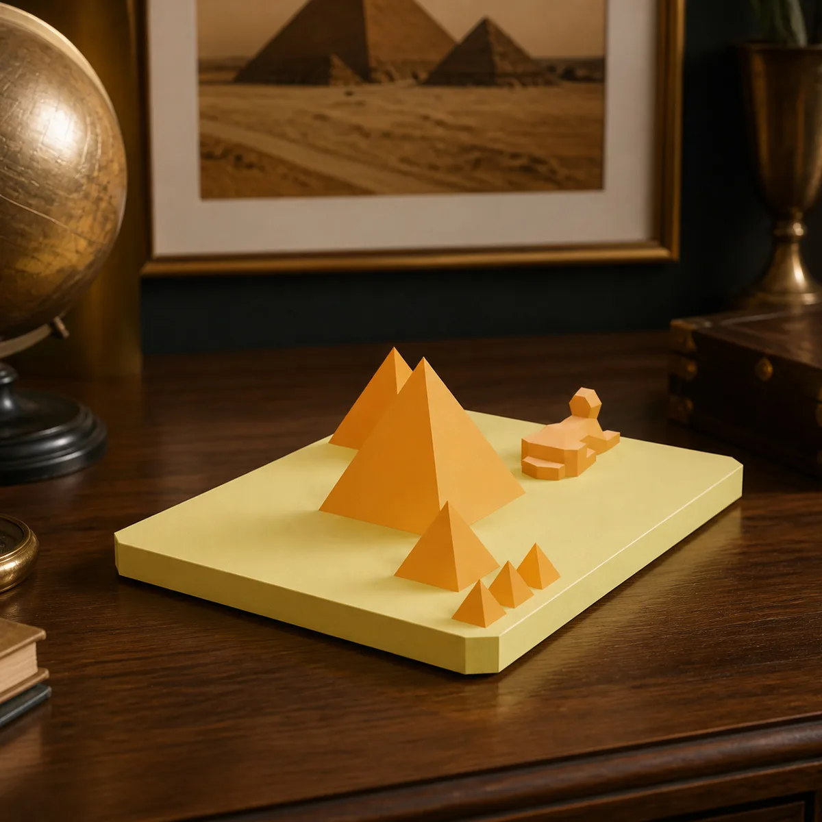 Pyramides de Gizeh en papercraft sur une console en bois sombre