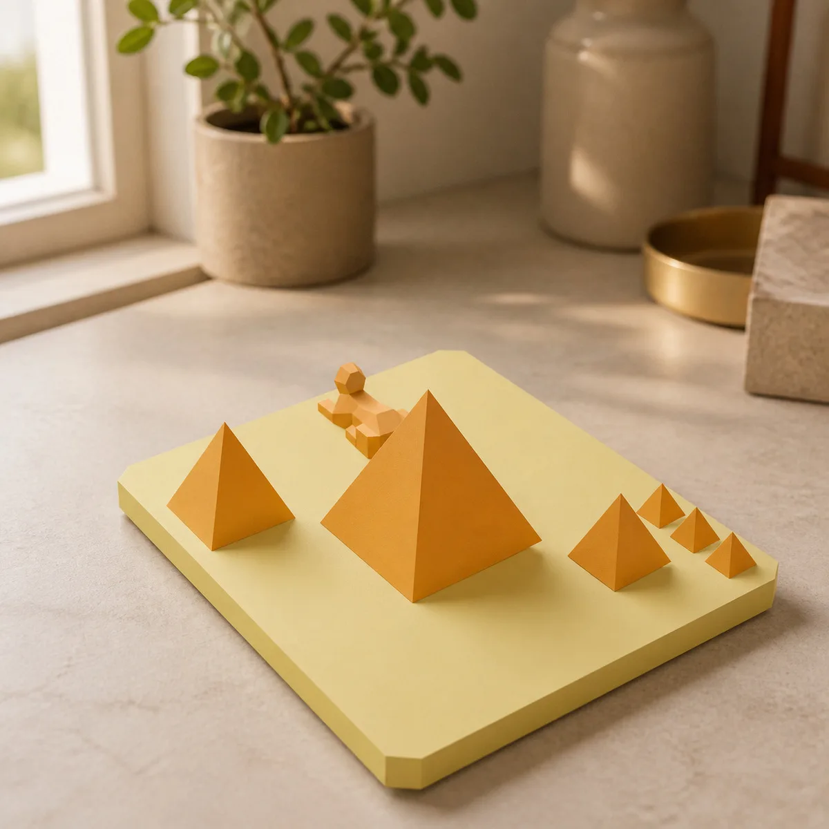 Pyramides de Gizeh en papercraft près d’une fenêtre