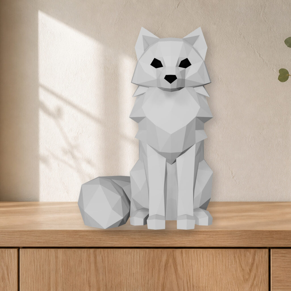 Volpe artica papercraft 3D in un ambiente scandinavo