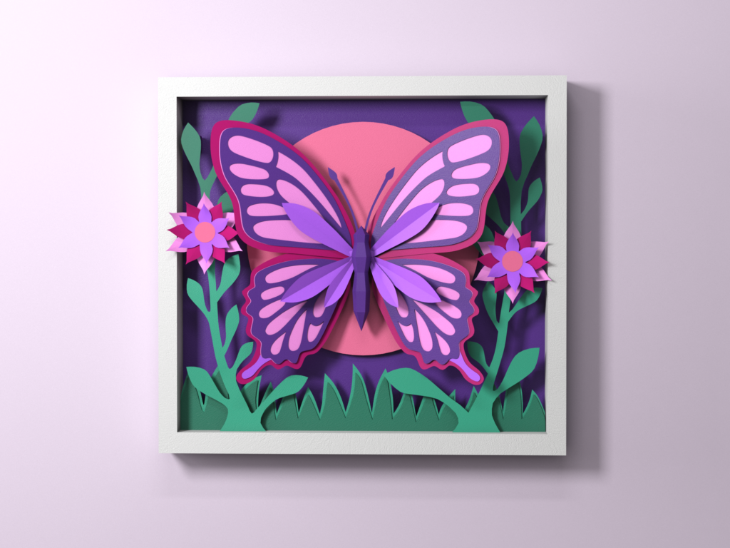 Papercraft Butterfly Shadow Box Template | 3d paint | Layered Paper Art SVG | DIY 3D Wall Decor | Cricut Papercraft, vue 3
