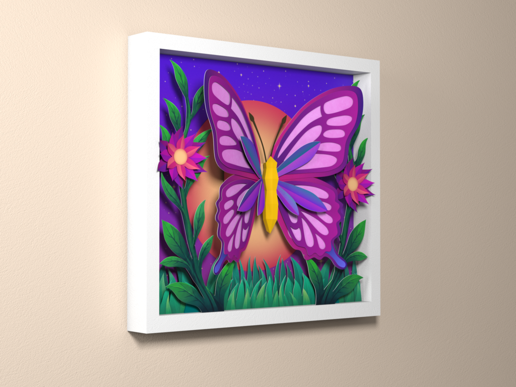 Papercraft Butterfly Shadow Box, Layered Paper Art, 3D Wall Decor Printable Template, vue 5