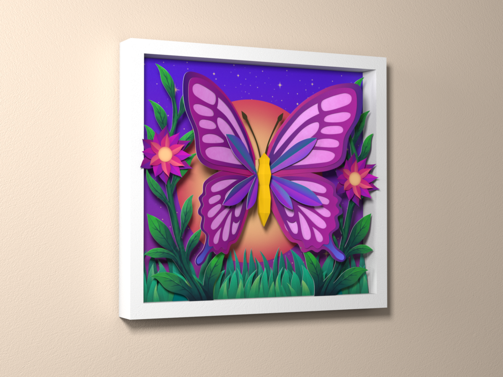 Papercraft Butterfly Shadow Box, Layered Paper Art, 3D Wall Decor Printable Template, vue 4