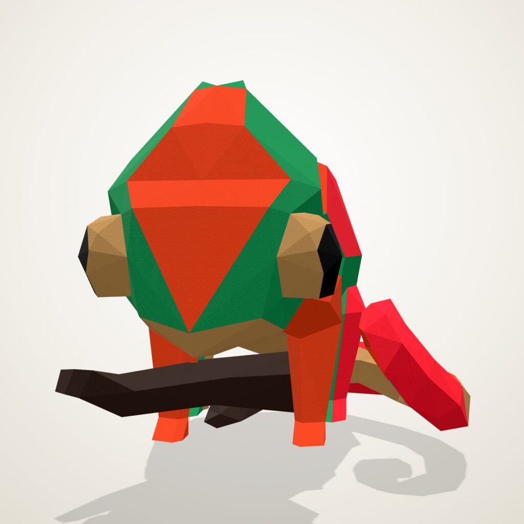 Papercraft caméléon arc-en-ciel en origami 3D, vue de face du modèle assemblé