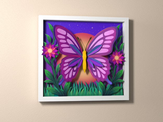 Papercraft Butterfly Shadow Box, Layered Paper Art, 3D Wall Decor Printable Template, vue 2