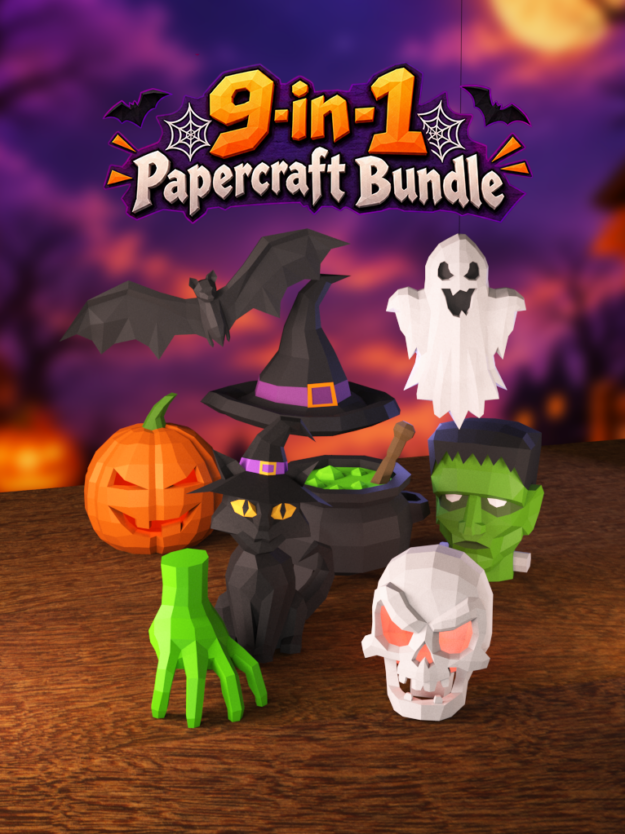 Pack Halloween papercraft avec 9 modèles décoratifs à poser, dont citrouille, chat noir, crâne, fantôme et chaudron