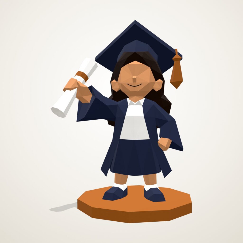 Papercraft fille diplômée en origami 3D, vue de face du modèle assemblé
