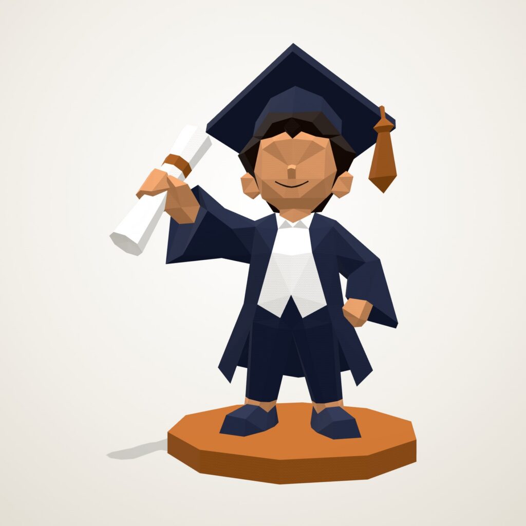 Papercraft garçon diplômé en origami 3D, vue de face du modèle assemblé