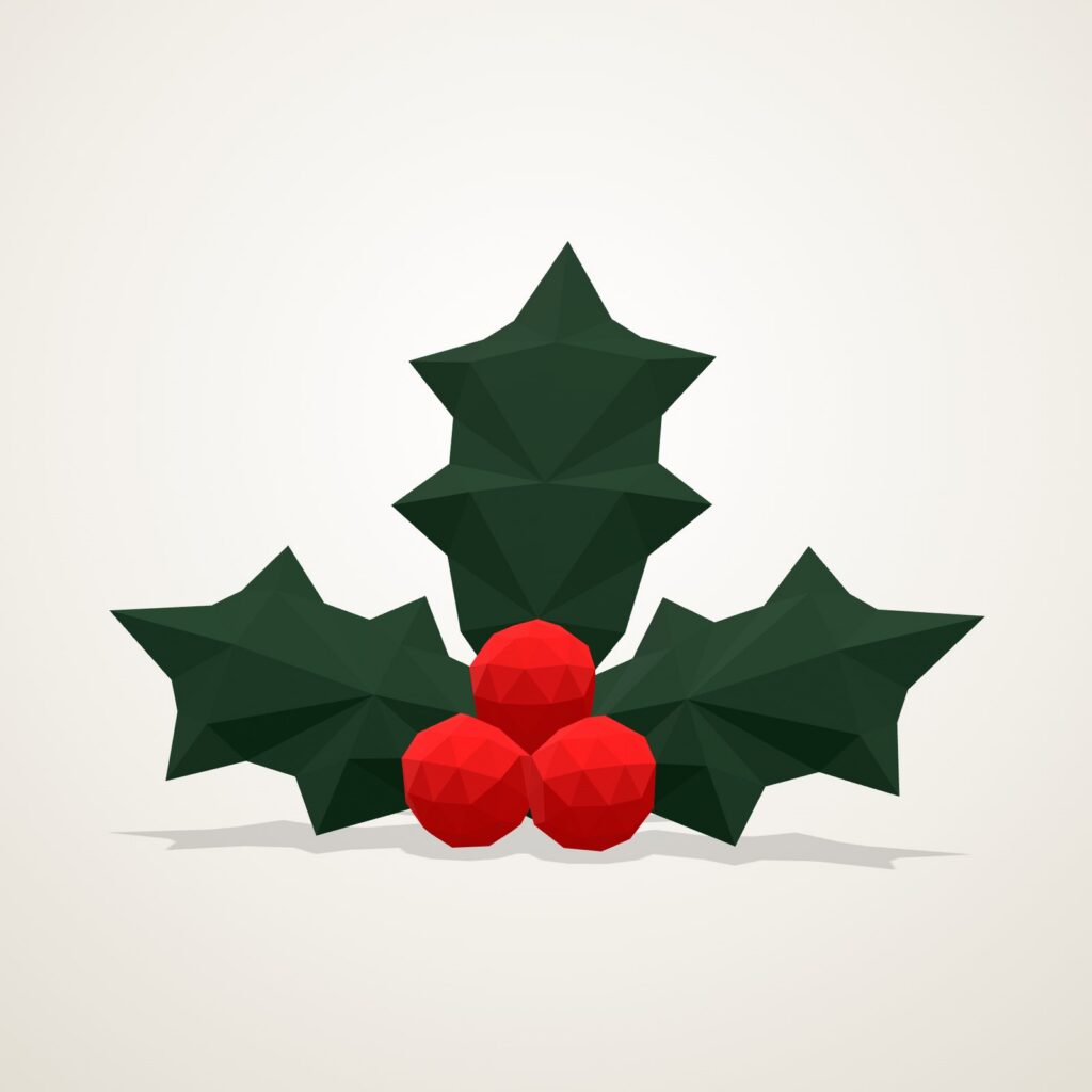 Papercraft houx de Noël en origami 3D, vue de face du modèle assemblé