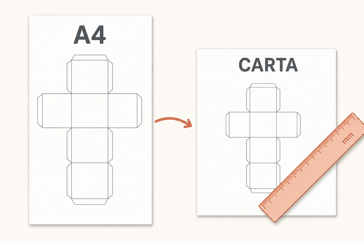 Una misma plantilla de papercraft impresa en A4 y en hoja tamano carta, reducida por la opcion ajustar a la pagina