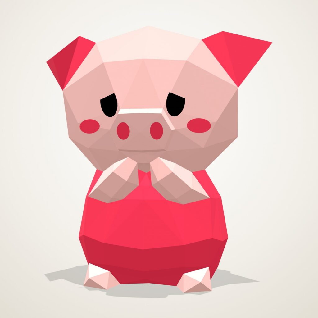 Papercraft Porcinet en origami 3D, vue de face du modèle assemblé
