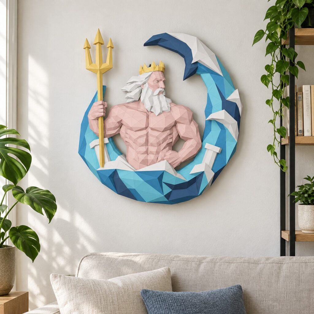 Medalhão de parede papercraft Poseidon, perfil low poly, tridente dourado e onda em crescente
