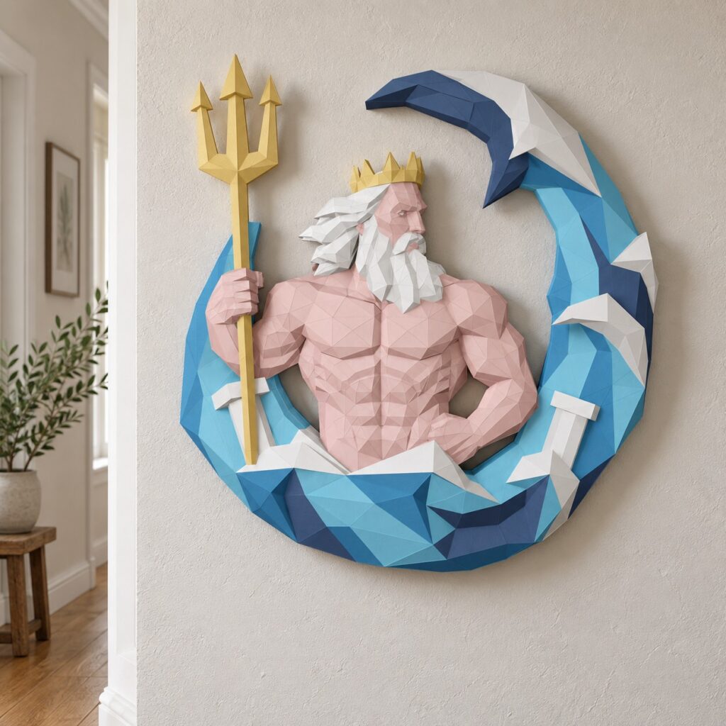 Medalhão de parede papercraft Poseidon, perfil low poly, tridente dourado e onda em crescente