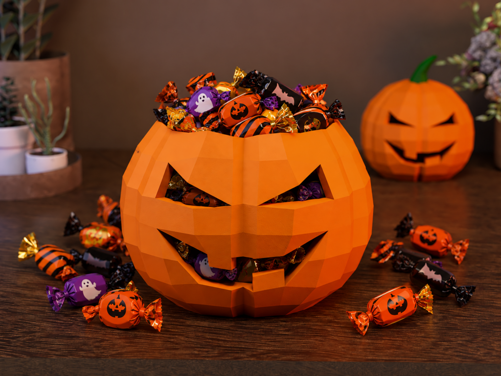 Halloween Pumpkin Candy Bowl, Jack O Lantern Candy Holder, Papercraft Treat Box, Printable DIY Halloween Decor, vue 4