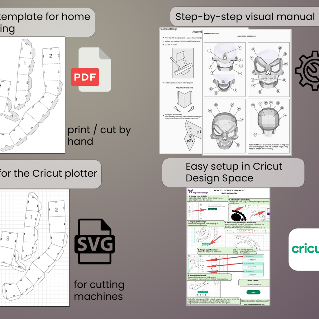 Skull Papercraft DIY | Halloween decor | PDF, SVG | Crcicut, vue 3