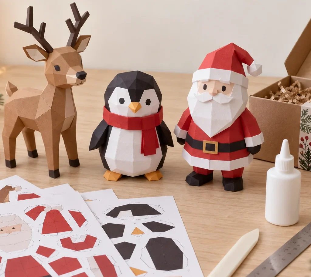 Renne, pingouin et Père Noël en papercraft low poly sur une table en bois, avec feuilles de patron imprimées, boîte kraft à bandeau illustré, colle, plioir et règle
