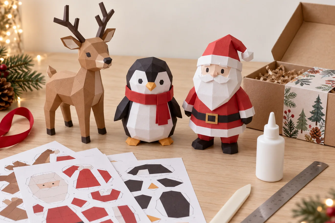Renne, pingouin et Père Noël en papercraft low poly sur une table en bois, avec feuilles de patron imprimées, boîte kraft à bandeau illustré, colle, plioir et règle