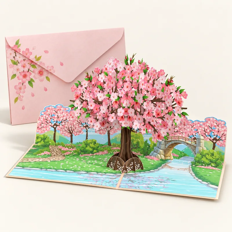 Carte pop-up ouverte montrant un cerisier en fleurs