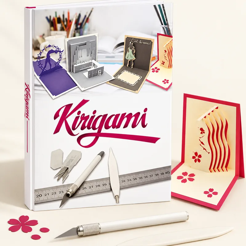Manuel d'apprentissage du kirigami posé sur un bureau