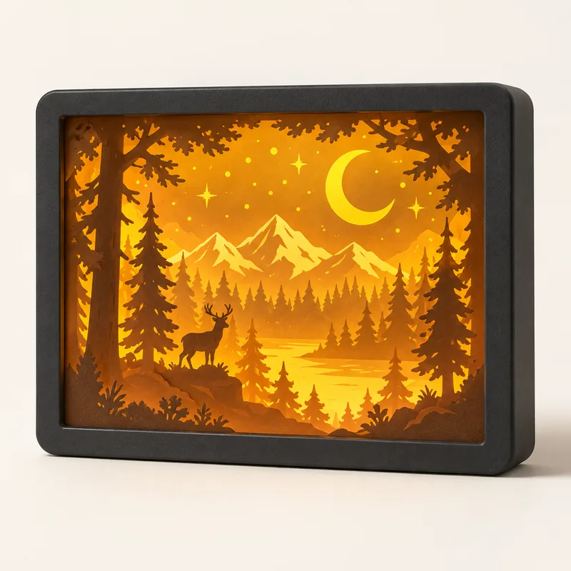 Tableau lumineux en papier découpé représentant une forêt