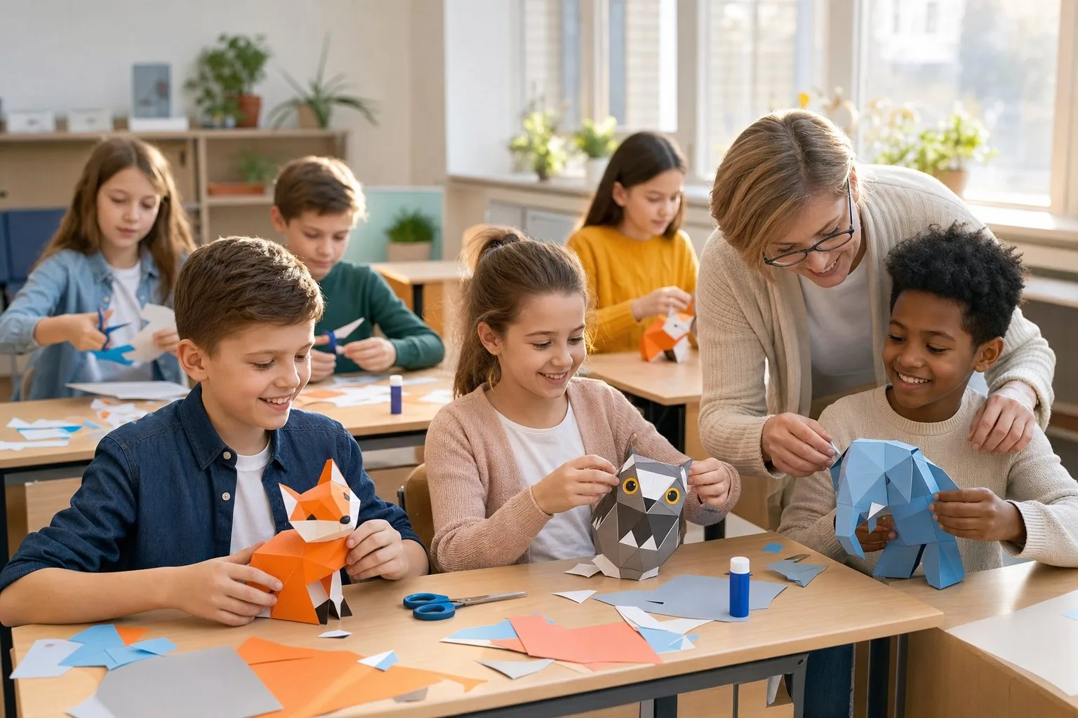 Leerlingen die in de klas papercrafts assembleren met hun leerkracht